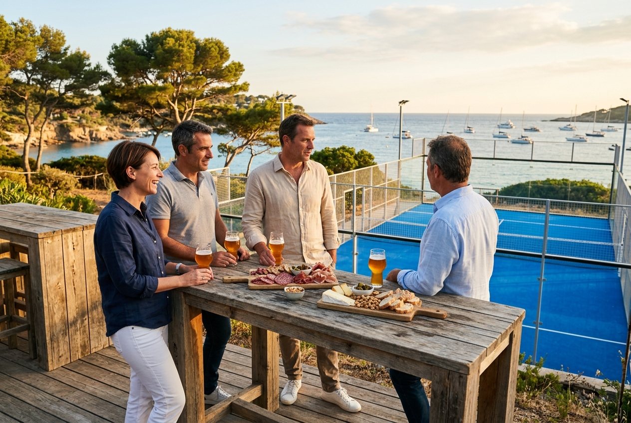 Quatre dirigeants debout autour d'une table haute avec planches et bières, sur la terrasse qui longe le court, en fin de journée.
