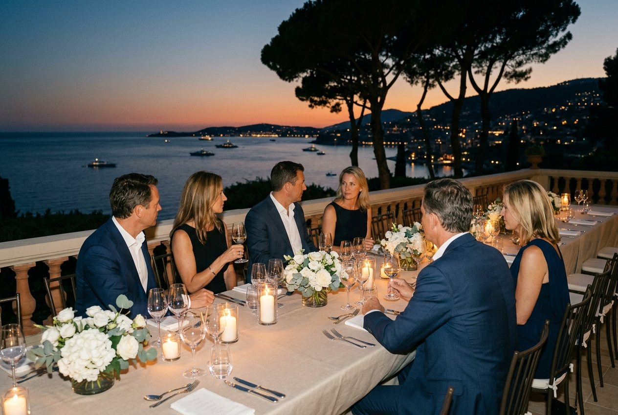 Une longue table dressée en terrasse face à la Méditerranée à la nuit tombante, quelques dirigeants debout autour, verre à la main.