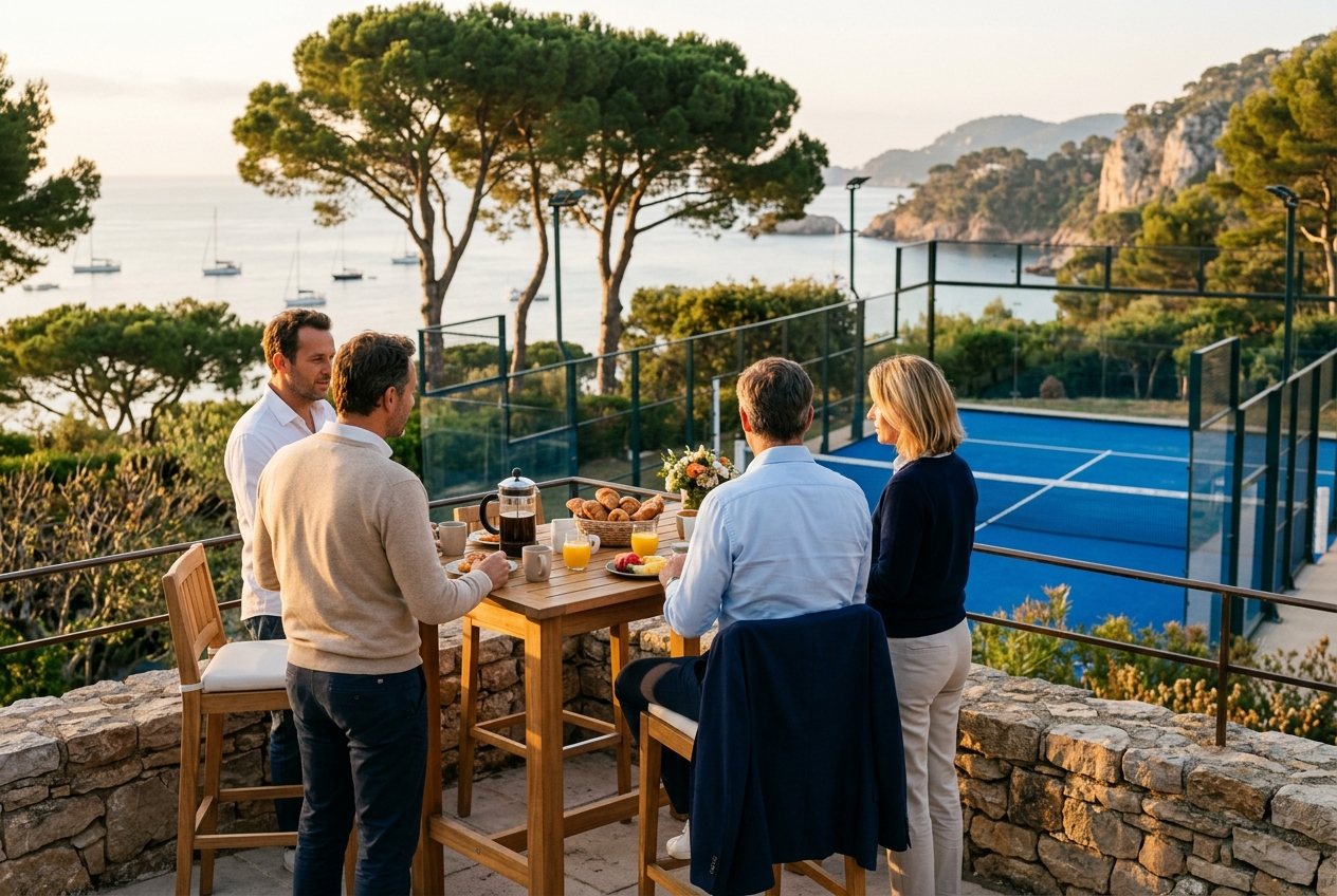 Quatre dirigeants debout autour d'un petit-déjeuner dressé en terrasse au petit matin, le court de padel vide derrière eux.