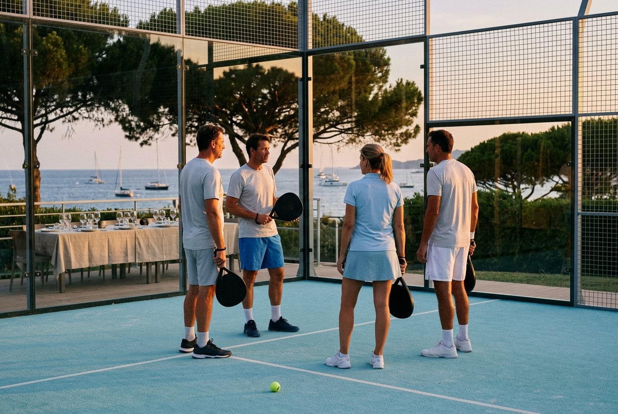 Quatre dirigeants debout sur un court de padel au bord de la mer à l'heure dorée, entre deux manches, une longue table dressée en arrière-plan.