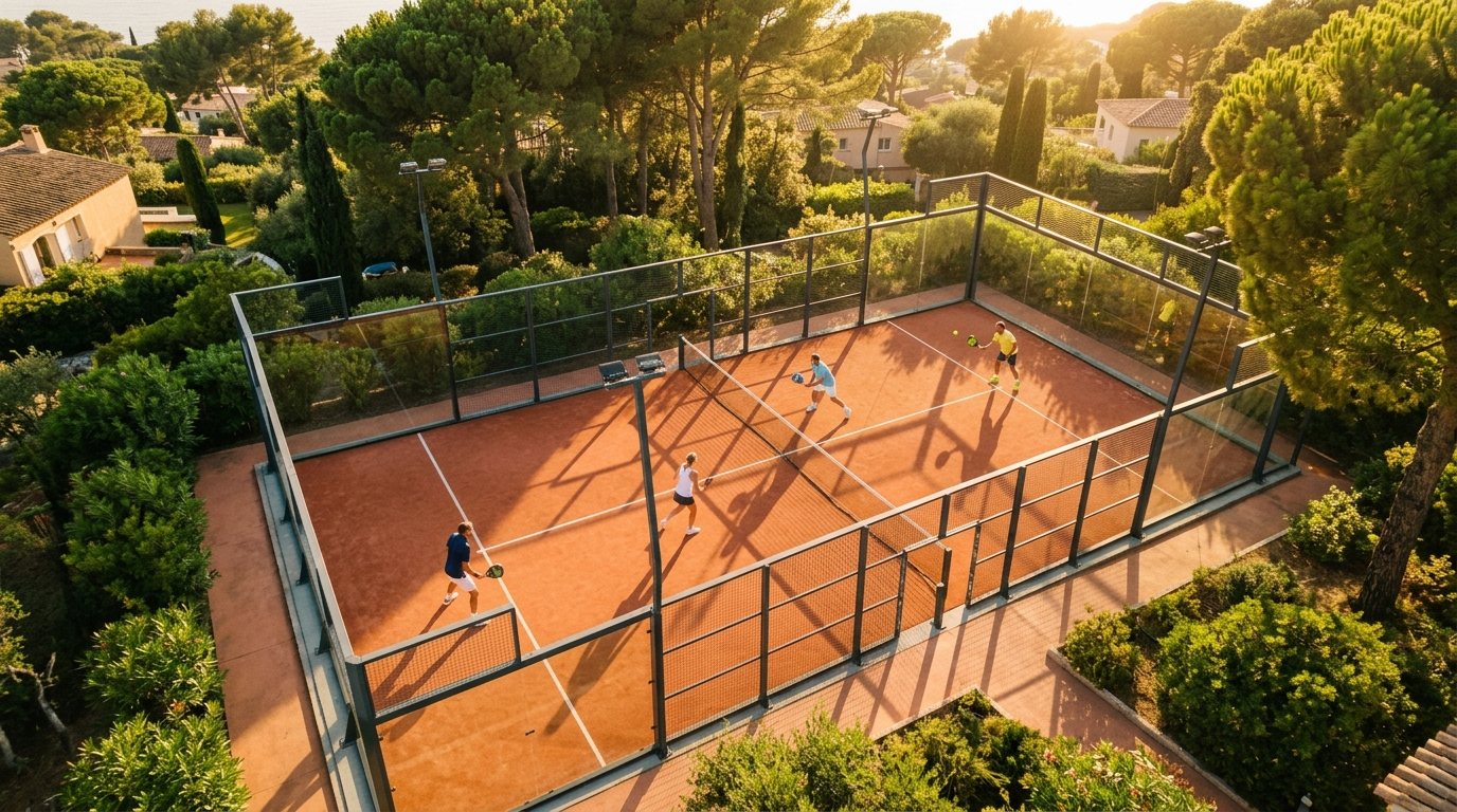 Quatre dirigeants en plein point sur un court de padel au bord de la Méditerranée, vue légèrement plongeante à l'heure dorée.