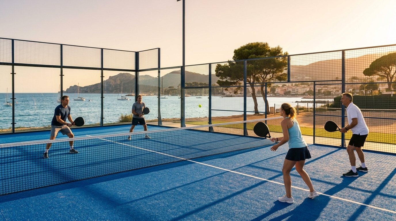 Un court de padel au bord de la Méditerranée au soleil couchant, quatre joueurs en plein échange derrière les parois de verre, des voiliers au mouillage