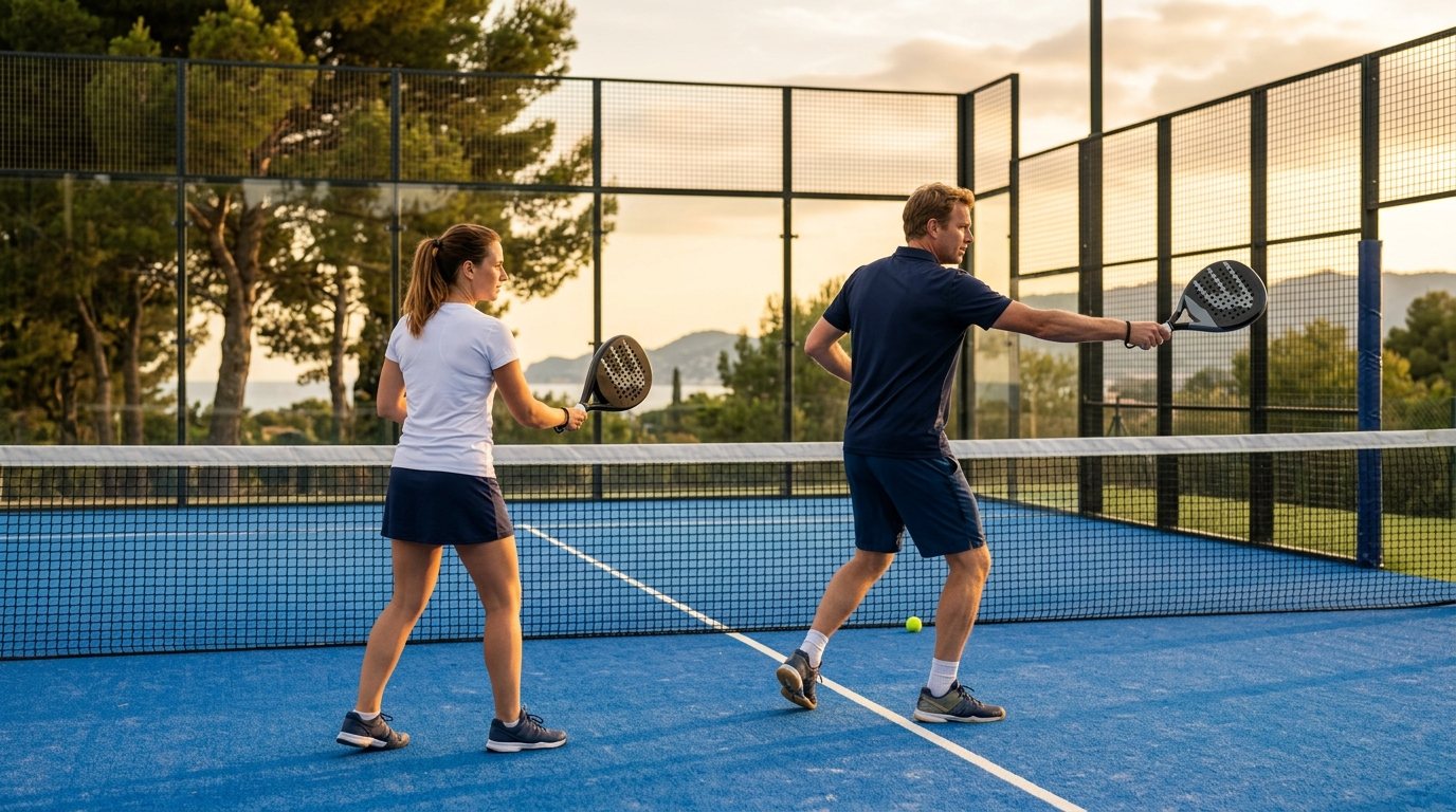 Un entraîneur corrige la prise en main d'une raquette de padel, à contre-jour en fin de journée